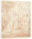 Kneeling woman grabs the mantle of Christ by Louis Fabritius Dubourg