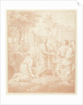 Kneeling woman grabs the mantle of Christ by Louis Fabritius Dubourg
