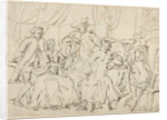 Four men and a lady around a table in a room by Anonymous