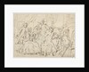 Four men and a lady around a table in a room by Anonymous