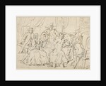 Four men and a lady around a table in a room by Anonymous