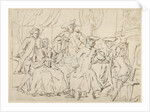 Four men and a lady around a table in a room by Anonymous