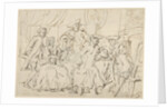 Four men and a lady around a table in a room by Anonymous