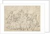 Four men and a lady around a table in a room by Anonymous