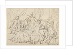Four men and a lady around a table in a room by Anonymous