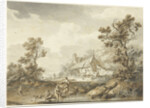 Farm with on the foreground washing women by Hendrik Meijer