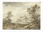 Farm with on the foreground washing women by Hendrik Meijer
