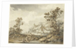 Farm with on the foreground washing women by Hendrik Meijer
