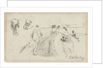 Sketch of a country road with a farmer and cow heads by George Hendrik Breitner