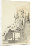 Young woman standing behind a seated reading old woman seen from the side by Pieter van Loon
