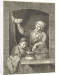 Man and boy in window with dove and eggs by Johannes Pieter de Frey