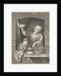 Man and boy in window with dove and eggs by Johannes Pieter de Frey