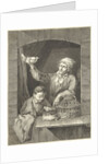 Man and boy in window with dove and eggs by Johannes Pieter de Frey