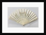 Folding fan with double sheet of white satin painted with oil on which we see a scene of five people dressed as 17th century musketeers by Anonymous