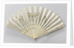 Folding fan with double sheet of white satin painted with oil on which we see a scene of five people dressed as 17th century musketeers by Anonymous