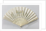 Folding fan with double sheet of white satin painted with oil on which we see a scene of five people dressed as 17th century musketeers by Anonymous