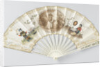 Folding fan with double sheet of paper on which a round, cut stipple engraving depicting a seated woman surrounded by lovers on both sides with a chinoiserie figure with silk clothes by Anonymous