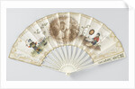Folding fan with double sheet of paper on which a round, cut stipple engraving depicting a seated woman surrounded by lovers on both sides with a chinoiserie figure with silk clothes by Anonymous