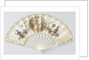 Folding fan with double sheet of paper on which a round, cut stipple engraving depicting a seated woman surrounded by lovers on both sides with a chinoiserie figure with silk clothes by Anonymous