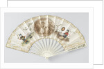 Folding fan with double sheet of paper on which a round, cut stipple engraving depicting a seated woman surrounded by lovers on both sides with a chinoiserie figure with silk clothes by Anonymous