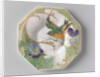 Dish, part of a set, painted with bird and violins by C.W.J. 't Hart