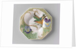 Dish, part of a set, painted with bird and violins by C.W.J. 't Hart