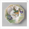 Dish, part of a set, painted with bird and violins by C.W.J. 't Hart