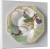Dish, part of a set, painted with bird and violins by C.W.J. 't Hart