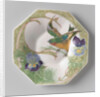 Dish, part of a set, painted with bird and violins by C.W.J. 't Hart