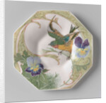 Dish, part of a set, painted with bird and violins by C.W.J. 't Hart