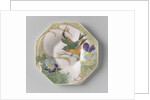 Dish, part of a set, painted with bird and violins by C.W.J. 't Hart