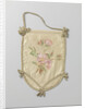 Single leaf of a pouch of ivory satin, on which in watercolor green branches and pink flowers by Anonymous