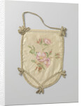 Single leaf of a pouch of ivory satin, on which in watercolor green branches and pink flowers by Anonymous