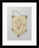 Single leaf of a pouch of ivory satin, on which in watercolor green branches and pink flowers by Anonymous