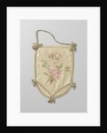 Single leaf of a pouch of ivory satin, on which in watercolor green branches and pink flowers by Anonymous