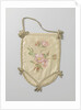 Single leaf of a pouch of ivory satin, on which in watercolor green branches and pink flowers by Anonymous