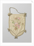 Single leaf of a pouch of ivory satin, on which in watercolor green branches and pink flowers by Anonymous