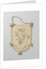 Single leaf of a pouch of ivory satin, on which in watercolor green branches and pink flowers by Anonymous