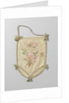 Single leaf of a pouch of ivory satin, on which in watercolor green branches and pink flowers by Anonymous