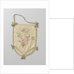 Single leaf of a pouch of ivory satin, on which in watercolor green branches and pink flowers by Anonymous