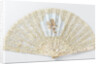 Folding fan with a sheet of tulle, on which bobbin and needle lace is appliqued and musical angels are painted with tempera, on a pearl frame by Anonymous