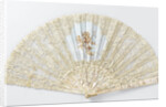 Folding fan with a sheet of tulle, on which bobbin and needle lace is appliqued and musical angels are painted with tempera, on a pearl frame by Anonymous