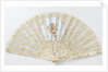 Folding fan with a sheet of tulle, on which bobbin and needle lace is appliqued and musical angels are painted with tempera, on a pearl frame by Anonymous
