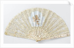 Folding fan with a sheet of tulle, on which bobbin and needle lace is appliqued and musical angels are painted with tempera, on a pearl frame by Anonymous