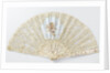 Folding fan with a sheet of tulle, on which bobbin and needle lace is appliqued and musical angels are painted with tempera, on a pearl frame by Anonymous
