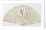 Folding fan with a sheet of tulle, on which bobbin and needle lace is appliqued and musical angels are painted with tempera, on a pearl frame by Anonymous