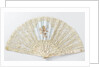 Folding fan with a sheet of tulle, on which bobbin and needle lace is appliqued and musical angels are painted with tempera, on a pearl frame by Anonymous