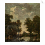 Painted wallpaper with a Dutch Landscape with river by Jurriaan Andriessen