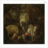 Cows in a stable; witches in the four corners by Roelant Savery