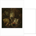 Cows in a stable; witches in the four corners by Roelant Savery
